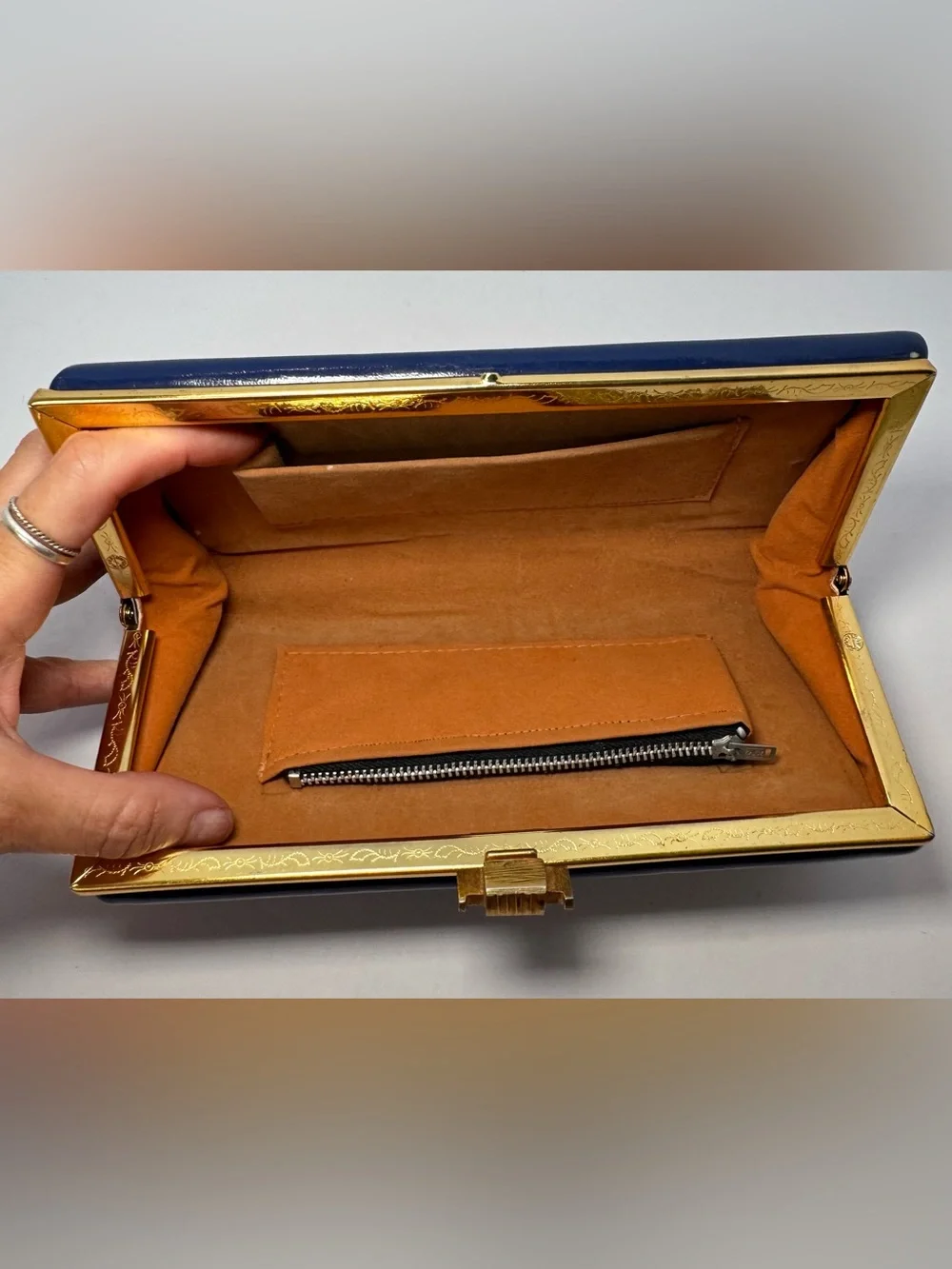 Vintage 1960s Elbief England Navy Blue Patent Box Clutch Bag Gold Clasp